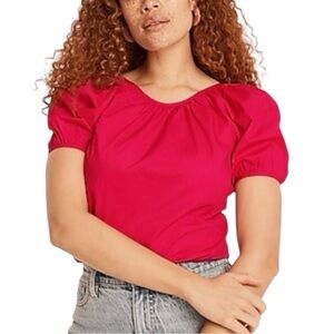 J Crew Magenta Rose V-back Zip Puff Sleeve Stretch Cotton Blend Poplin Blouse